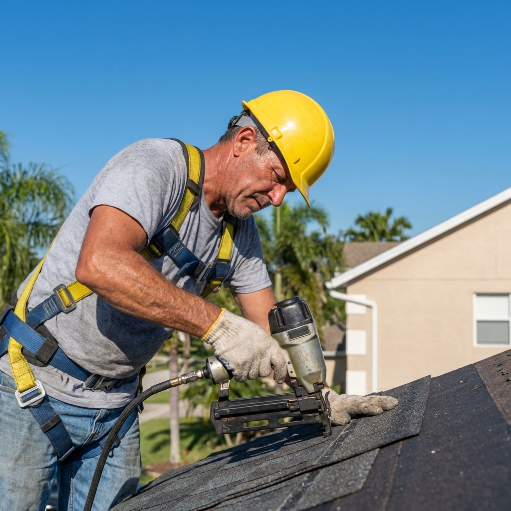 Professional roofing contractor working on residential roof in Davenport FL